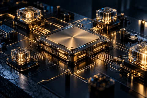 Photorealistic gold and graphite processor connected by luminous data pathways