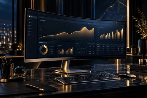 Photorealistic curved desktop monitor displaying a navy and gold business dashboard