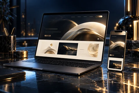 Photorealistic graphite laptop and smartphone with a coordinated gold and navy website